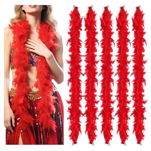 MAOFENG 5pcs Chandelle Turkry Feather Boa 1.64 Yards 30g for Halloween Costume Dancing Party Halloween Costume Decoration Red