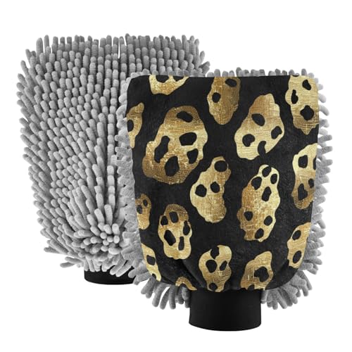 ALAZA Golden Cheetah Leopard Print Car Wash Mitt Scratch Free, 2 Pack Absorbent Microfiber/Chenille Washing & Drying Mitts, L