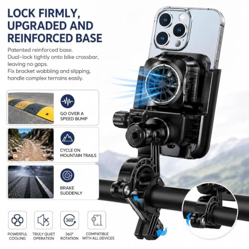 Image of TrendMax TM06 Bike Phone Holder with Cooling Fan, 360 Rotating Motorcycle Mobile Mount, Strong Grip Handlebar Clamp, Adjustable Smartphone Holder for Bicycle, Cycle, Scooter & Scooty
