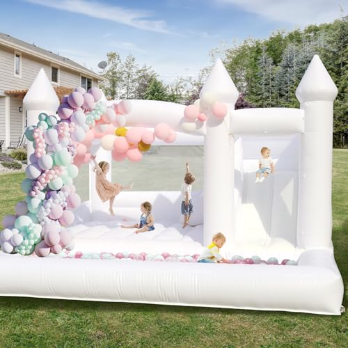 Castillo Hinchable Blanco con Soplador, Tobogán, Trampolín, Gran Piscina de Bolas, Castillo Hinchable Interior Exterior para Boda Fiesta Cumpleaños,400x400x300cm