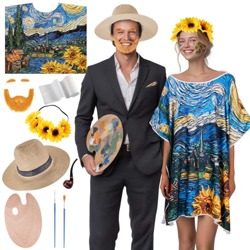 Cutecrop 9 Pcs Halloween Couple Costume Set Painting Artist Couples Costumes for Adults Including Sky Flower Skirt Sunflower Headdress Sun Hat for Halloween Funny Cosplay