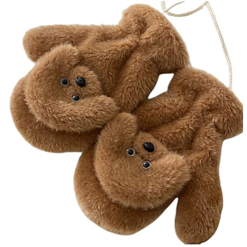 ITODA Moufles d'Hiver pour Femme Homme Gants Chauds Doublure en Polaire Moufles d'Hiver avec Motif d'Animal en 3D Gants d'Hiver Thermique avec Corde pour Randonnée Voyage Ski Vélo, Marron