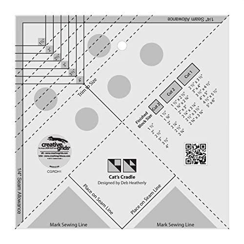 Creative Grids Cat’s Cradle Tool Quilt Ruler – CGRDH1 – Made in USA, 7in x 7in, Non-Slip Grip Acrylic Quilting, Sewing, Crafting, Patchwork Ruler & Template