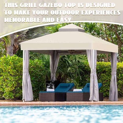 Mindsoft 10\'x10\' Gazebo Cover Canopy Replacement Top Double Tiered Outdoor Canopy Cover Waterproof Grill Patio BBQ Gazebo Roof for Garden Shelter Durable Roof(Beige) - Thumbnail 6