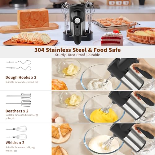 Image of Cordless Electric Hand Mixer, 7 Speed Rechargeable Wireless Handheld Mixer with Eject Button, Long Battery, Quiet Anti-Splash, 6x304 Stainless Steel Attachments & Storage Base for Baking (Black)