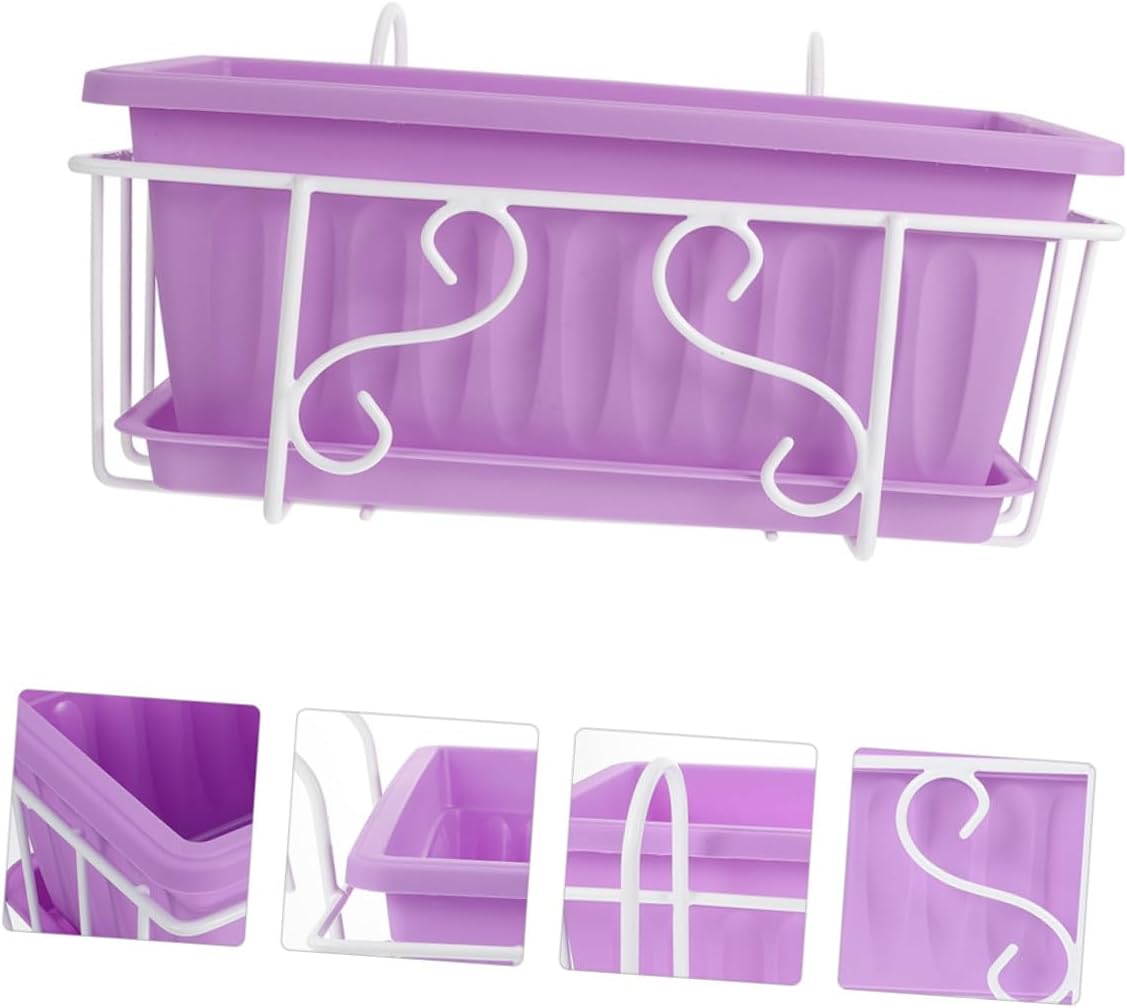 Rectangular Hanging Planter Box for Vegetables and Flowers with Tray, Medium Purple Flower Pot with White Iron Bracket, Suitable for Balcony Railing and Windowsill Gardening