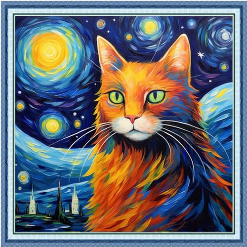 Image of Dimxvean Stamped Cross Stitch Kits,Cross Stitch Kits for Adults Beginners,Embroidery Kits Full Range of Cross Stitch Stamped Kits Needlepoint Kits Cross Stitch Patterns-Starry Cat 18x18 inch