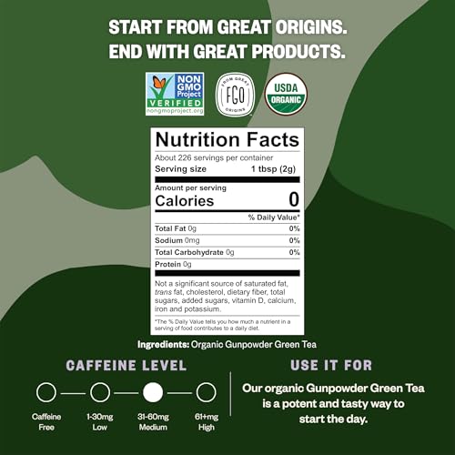Image of FGO Organic Gunpowder Green Tea, Loose Leaf, 453g Bulk Resealable Bag, Packaging May Vary (Pack of 1)