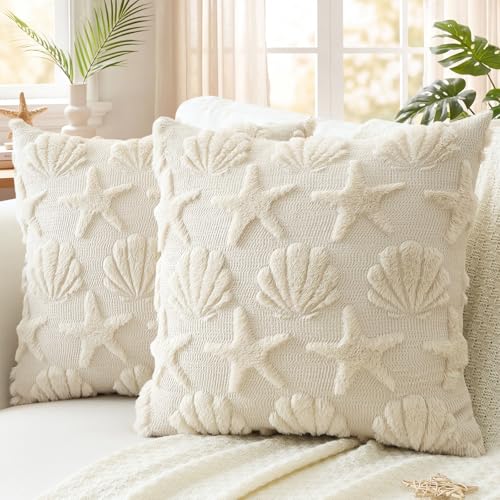 Artscope Summer Ocean Starfish Seashell Pillow Covers 18x18 Set of 2 Decorative Beach Coastal Theme Throw Pillow Cases Soft Plush Faux Fur Couch Cushion Case for Holiday Sofa Bed Room Home Decor-Beige