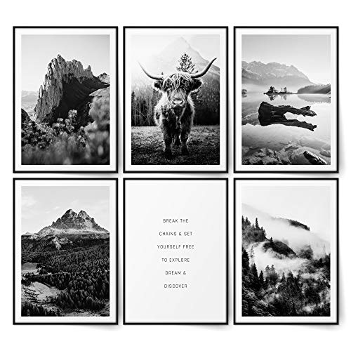 BLCKART Infinity Highland Cow Ensemble d'images posters muraux élégants double face motif nature montagnes décoration scandinave M 6 x A4 21 x 29,7 cm Sans cadre