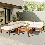 JIVOIT 6 Piece Acacia Wood Patio Sofa Set, Outdoor Modular Sectional Garden Furniture Set with Tea Table, Ottoman, 5 Cushions and Pillows, L-Shaped Conversation Daybed for Patios, Poolsides, Gardens