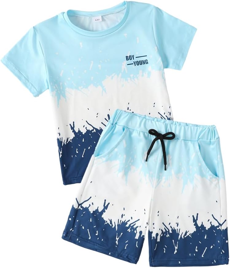 Kids Tween Boy Casual Clothing Set Letter Graphic Colorblock Tee +Shorts Summer Clothing Set 4-14 Years