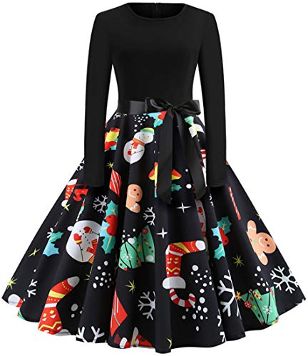 RUISHH Damen Langarm Cocktaikleid mit Weihnachten Drucken Elegantes Weihnachtskleider Vintage Rockabilly Christmas Partykleid B-Weihnachtsstrümpfe L