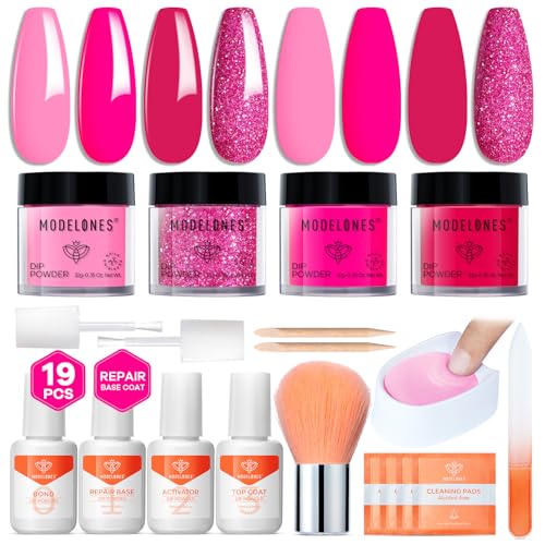 Modelones Dip Powder Nail Kit, 4 Colors Hot Pink Rose Glitter Valentine's Day Dipping Starter Set with Liquid and Complete Accessories for French Nails Art Salon DIY at Home Manicure