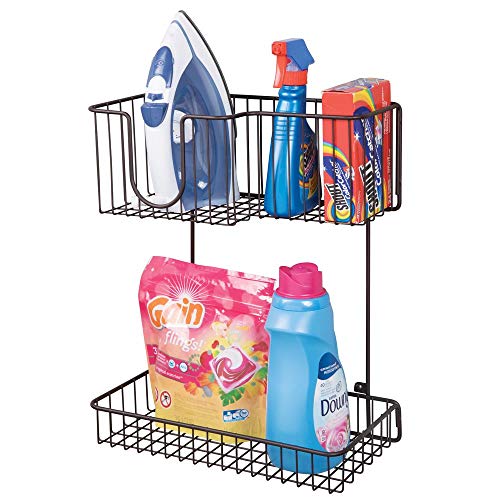 mDesign Metal Wire Wall Mount Laundry Room Storage Organizer, 2 Levels - Large Basket Holds Iron, Lower Shelf Holds Laundry Detergent, Fabric Softener, Stain Remover - Bronze
