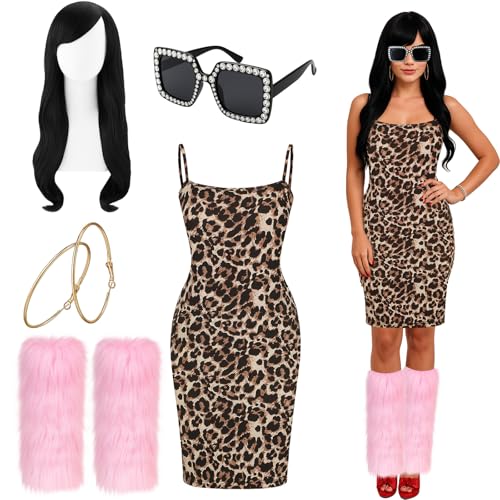 Ramede 5 Pcs Halloween Reality TV Personality Costume Accessories Leopard Dress Earrings Wig Leg Warmer Sunglasses Women(S)