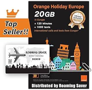 Orange Holiday Europe Prepaid SIM Card COMBO DEAL 20GB Internet Data in 4G/LTE (Data tethering Allowed) + 120min international Calls + 1000 Texts from Europe to Worldwide+1 Sim Card Holder+1 Pin