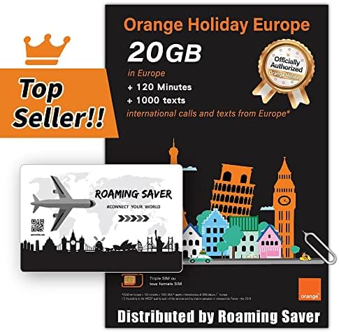 Orange Holiday Europe Prepaid SIM Card Combo Deal 20GB Internet Data in 4G/LTE (Data tethering Allowed) + 120min International Calls + 1000 Texts / 14 Days from Europe to Any Country World