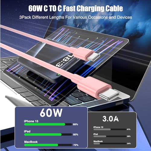 Image of 3-Pack Pink [3.3FT+6.6FT+10FT] 60W USB C to USB C Cable, Type C Fast Charging Cable for iPhone Air 17 16e 16 15 Pro Plus Pro Max，for Galaxy S25, for iPad Pro /Air /mini, for MacBook Pro /Air and More