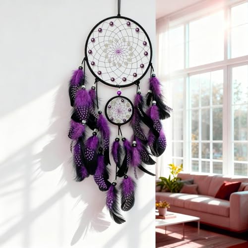Purple and Black Dream Catcher Wall Decor Feather Dream Catchers with Luminous Bead Handmade Dreamcatcher Wall Hanging Ornament for Bedroom Living Room Home Decor - Image 5