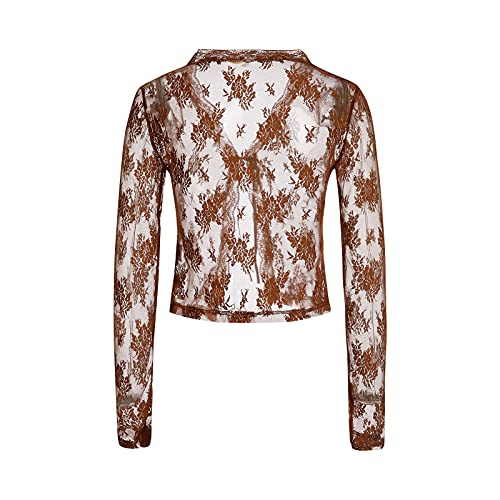 Elegant Women Lace Cardigan Long Sleeve See Through Sheer Shrug Mesh Blouse Tie Up Crop Tops4