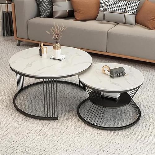 Image of Iron Frame Handmade Round Coffee Table /Nesting Table /Side Table /Center Table with Engineered Wood Top for Living Room /Drawing Room /Balcony (Set of 2 White & Black)