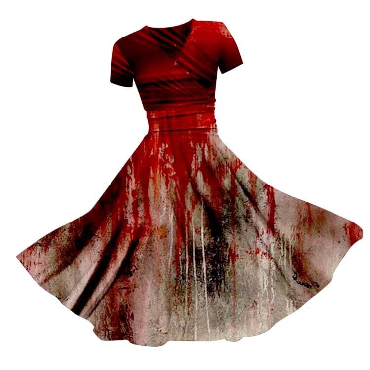 HUIFUAO Halloween Dresses for Women Scary Bloody Fancy Dress Plus Size Halloween Costumes V Neck Short Sleeve Party Evening Horror Festival Cosplay Outfits Clothes (Z03 Red #1, XS)