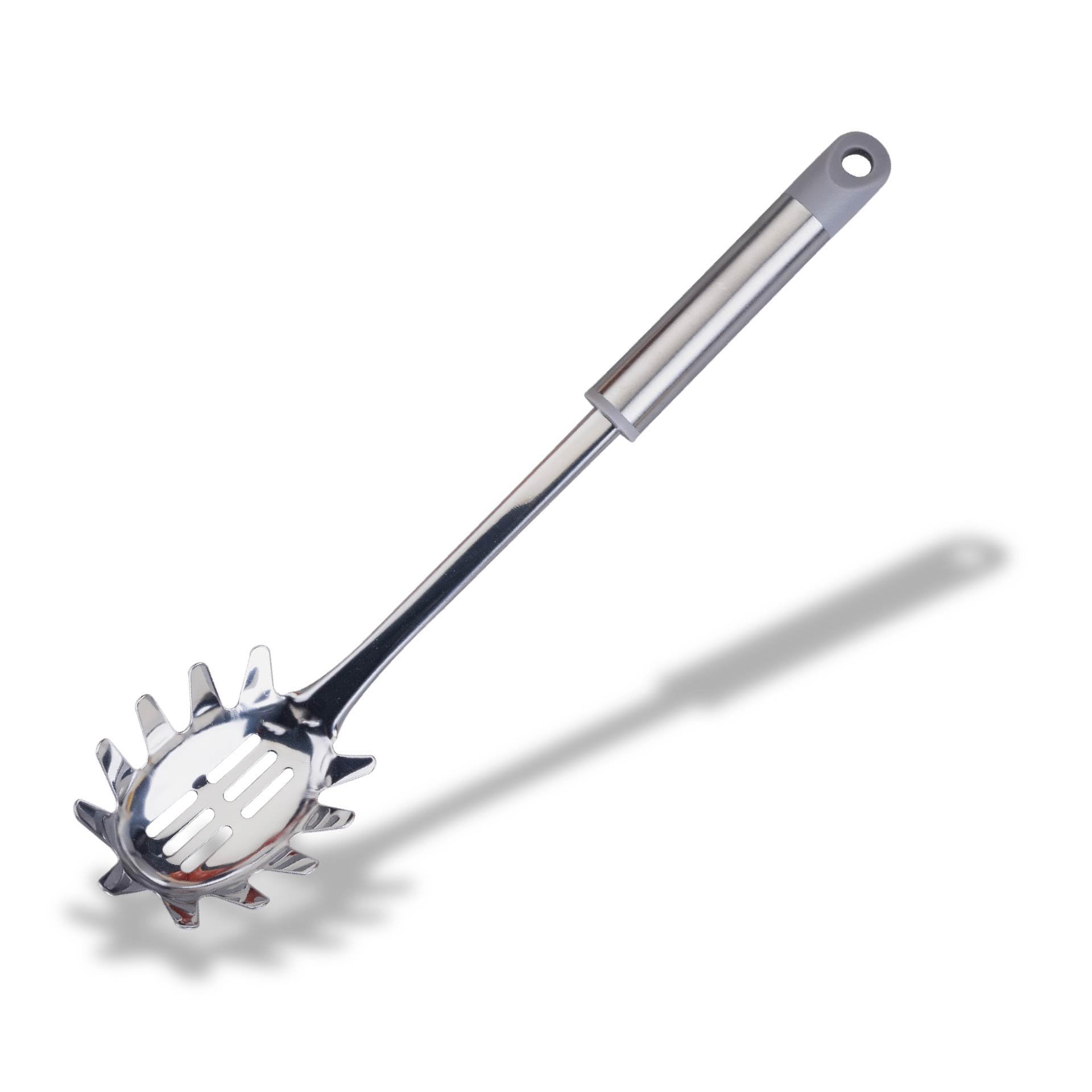 Fackelmann MODE Spaghetti Spoon, Stainless Steel Function Head & Handle, Kitchen Server, Pronged Pasta Fork with Slotted Holes, Serving Spoon, Scoop & Drain, 34cm, Grey, Silver