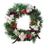 Hong Yi Fei-Shop Weihnachtskränze für Haustür 12-Zoll Künstliche Kranz Pine Kranz mit Kegel Rote Beeren und Baumwolle Festliche Girlande for Haustür Wand Fenster-Partei-Dekoration Innen/Außen Kränze