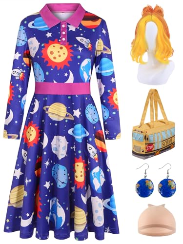 Cabeny 5pcs Ms Frizzle Magic School Bus Costume Women Adult Halloween Costumes School Bus Teacher Cosplay Outfit Vintage Blue Long Sleeve Dress with Wig Earrings Bag CA046L