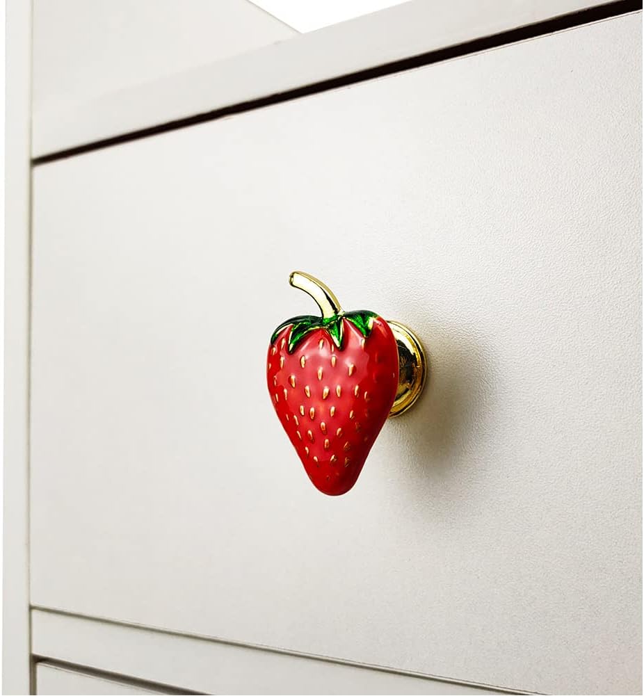 Strawberry Drawer Knobs Single Hole Cabinet Knobs for Dresser Wardrobes Furniture Door Handles Fruit Pulls Home Hardware Decorative 4 Pieces（Red）