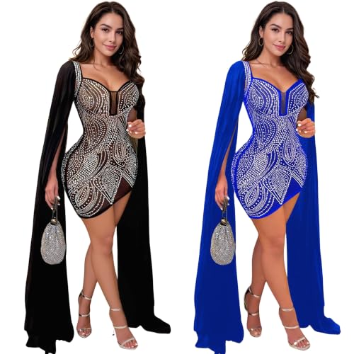 Image of PORRCEY Women's Sexy Elegant Rhinestone Mesh Party Club Night Mini Dress