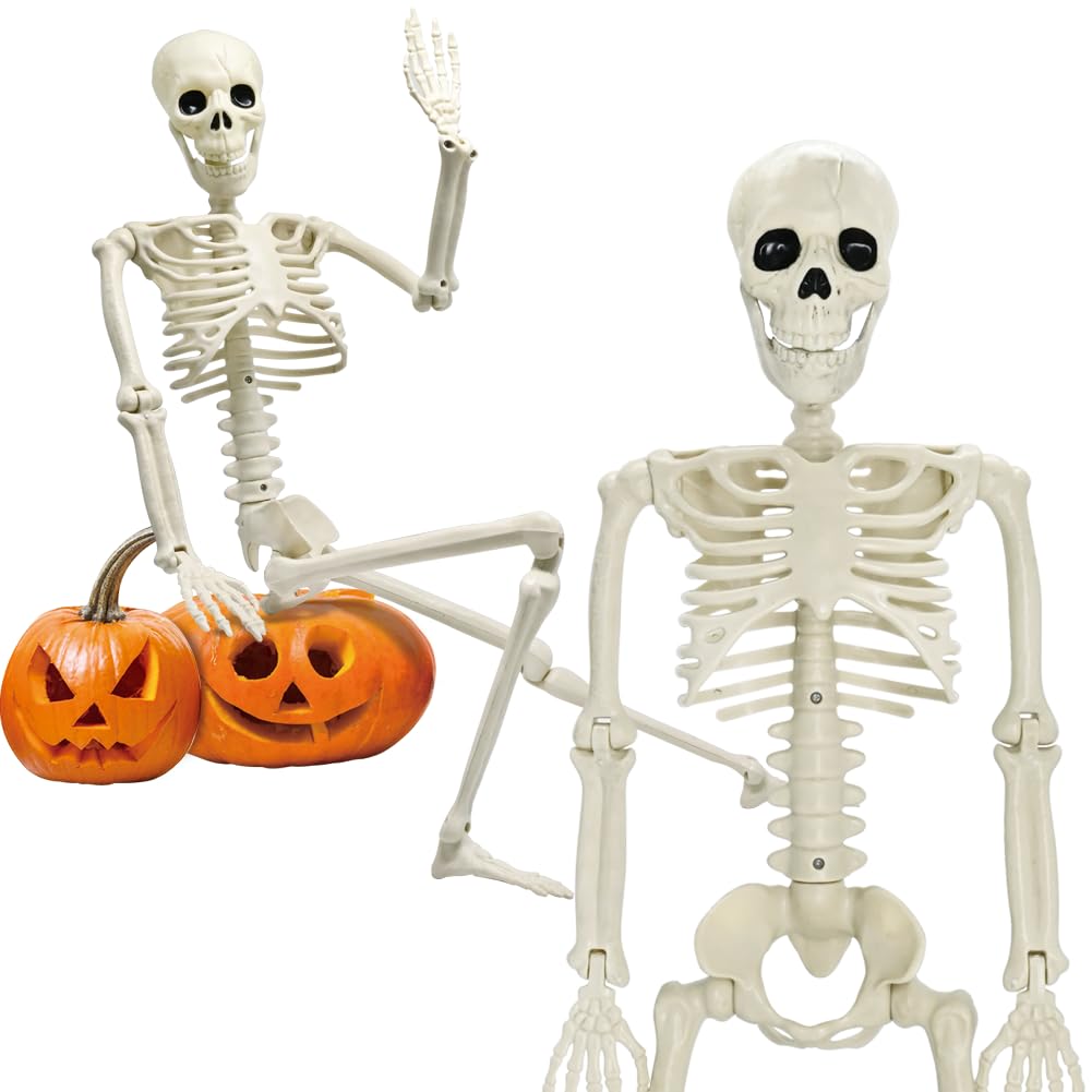 UMEELR 36in/3ft Life Size Posable Skeleton, Plastic Full Body with Movable Joints Skeleton for Halloween Party Prop Graveyard Haunted House Decorations
