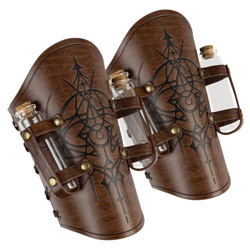 HiiFeuer Mittelalterliche Geprägte Alchemie Armschienen mit 2 Kork Fläschchen, Fantasy Kunstleder-Schnallen-Armschützer Magische Bogenschützen-Stulpen (Braun B)