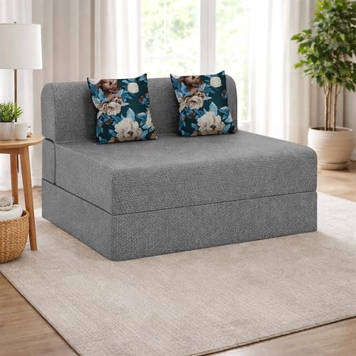 Image of Foldable Two Seater Sofa Bed 4 X 6 Ft Jute Fabric Washable Cover Sofa Cum Bed with Cushions Convertible Sofa Bed for Home (Grey Color - Pre-Assembled)