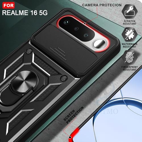 Image of AESTMO Tough Armor Realme 16 5G Bumper Back Case Cover | Ring Holder & Sliding Camera Shield Cover | 360 Degree Protection Back Case Cover for Realme 16 5G (Black)