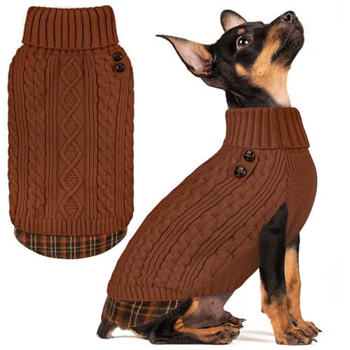 Image of KYEESE Dog Sweater for Small Dogs Turtleneck Thick Knit Pullover | Stretchy Fit, Lightweight & Warm, Cozy Knit Comfort, Classic Plaid Design, Gentle on Sensitive Skin, Winter Daily Wear