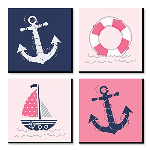 Big Dot of Happiness Ahoy - Nautical Girl - Kids Room, Nursery Decor and Home Decor - 11 x 11 inches Kids Wall Art - Set of 4 Prints