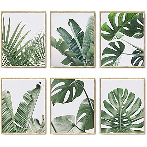 Green Botanical Wall Art Print Set of 6 Natural Plant Leaves Home Decor Aesthetic Bathroom Wall Art Canvas Posters Leaf Prints Poster Set (8"x10" UNFRAMED, Tropical Leaves Art) Cover
