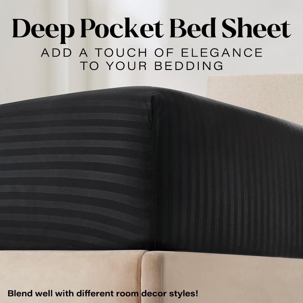 Queen Italian Prestige Collection - Set di lenzuola a righe in microfibra morbida di lusso, con tasca profonda, 4 pezzi, resistente alle pieghe, alle macchie, allo sbiadimento, colore: nero