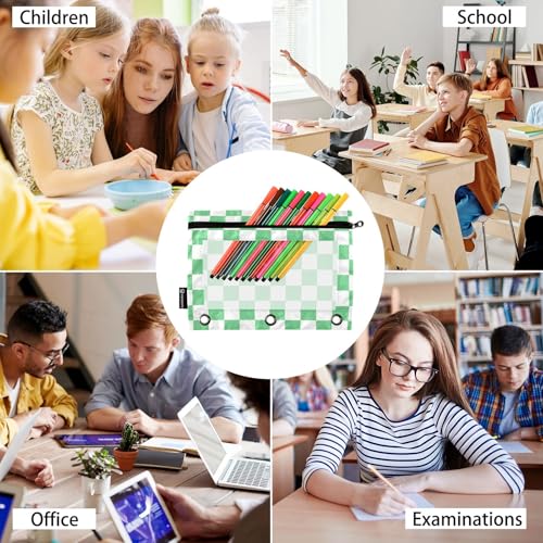 Image of Green-White Lattice Pencil Pouch for 3 Ring Binder with Zipper 2 Pack Binder Pouches Cosmetic Bag with Clear Window