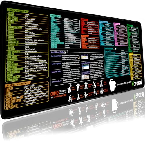 Excel Shortcut Keys Mouse Pad, Extended Large Cheat Sheet Desk Mat with Non-Slip Rubber Base for...