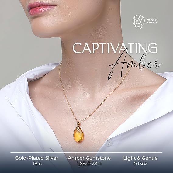 Baltic Amber Pendant for Women, Sparkling Amber Drop, Gold Plated Sterling Silver Necklace, Cognac Color Jewelry for Ladies, 18 inch gold plated chain
