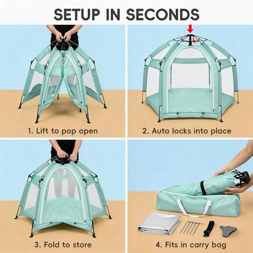 Image of Palopalo Mint Green Pop Up Baby Beach Tent - UPF50+ Sun Protection Canopy & Mosquito Net, Instant Setup Portable Playpen for Indoor & Outdoor Play, Lightweight Pack and Play Yard