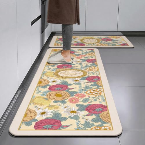 Image of HomeCloud Rubber Kitchen Mats for Floor Set of 2 Pcs|Non-Skid, Soft Absorbent Rugs for Kitchen, Laundry, and Hallway|120x40cm, 40x60cm| 4mm Thickness (Botanica Beige Pink)