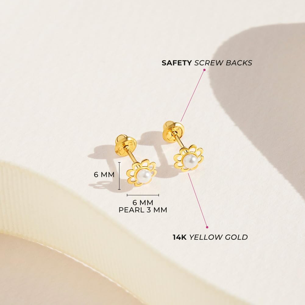 14k Yellow Gold Girl's Dainty Cultured Pearl Flower Screw Back Stud Earrings - Small Flower Screw Back Earrings for Babies, Toddlers, Young Girls - Image 4