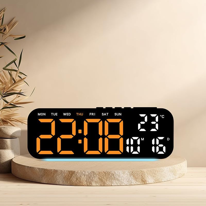 Image of Niyam Digital Table Clock with LED Display 4 Levels Brightness Dual Alarm 5 Light Sensing Mode Temperature /Date /Day /Week /12 /24H Time for Home & Office (Orange Digit, Black GH9015)