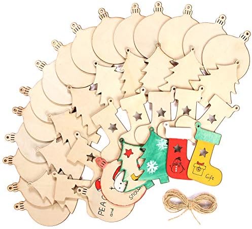 Wooden Christmas Ornaments DIY Round Unfinished Wood Pieces Slices Scrafts for Kids Tree Decoration Christmas Craft Supplies 40Pcs 3" Predrilled with Hole Blanks Discs Bulk