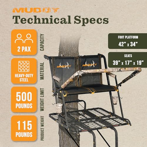 MUDDY 2-Person Nexus XTL Steel Ladder Tree Stand, 20 ft Tall, 500 lb Capacity - Heavy-Duty Hunting Treestand with Flex-Tek Seat, Footrest, Padded Shooting Rail, Cup Holders & Safety Hooks