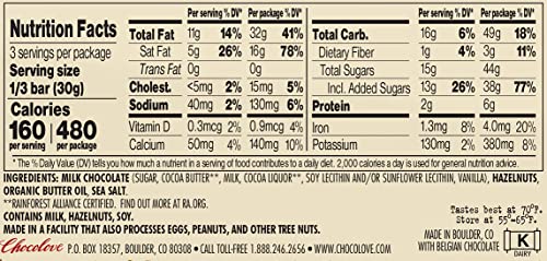 Chocolove Hazelnuts In Milk Chocolate, 33% Cacao | 12 Pack | Non Gmo, Rainforest Alliance Certified Cacao | 3.2Oz Bar #TOP2